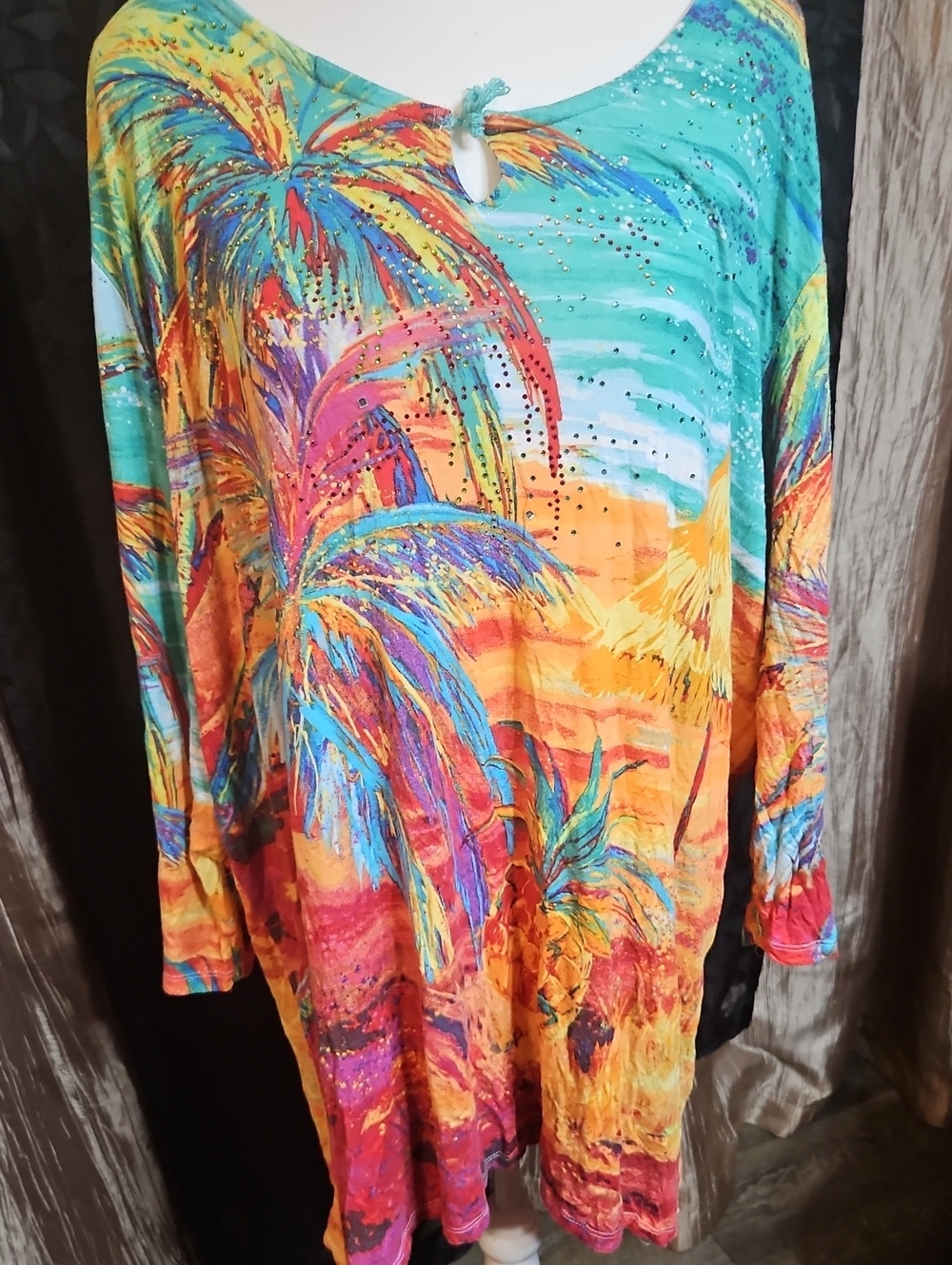 Onque Casuals Tropical Palm Print Tunic in Turquoise, Orange, Pink